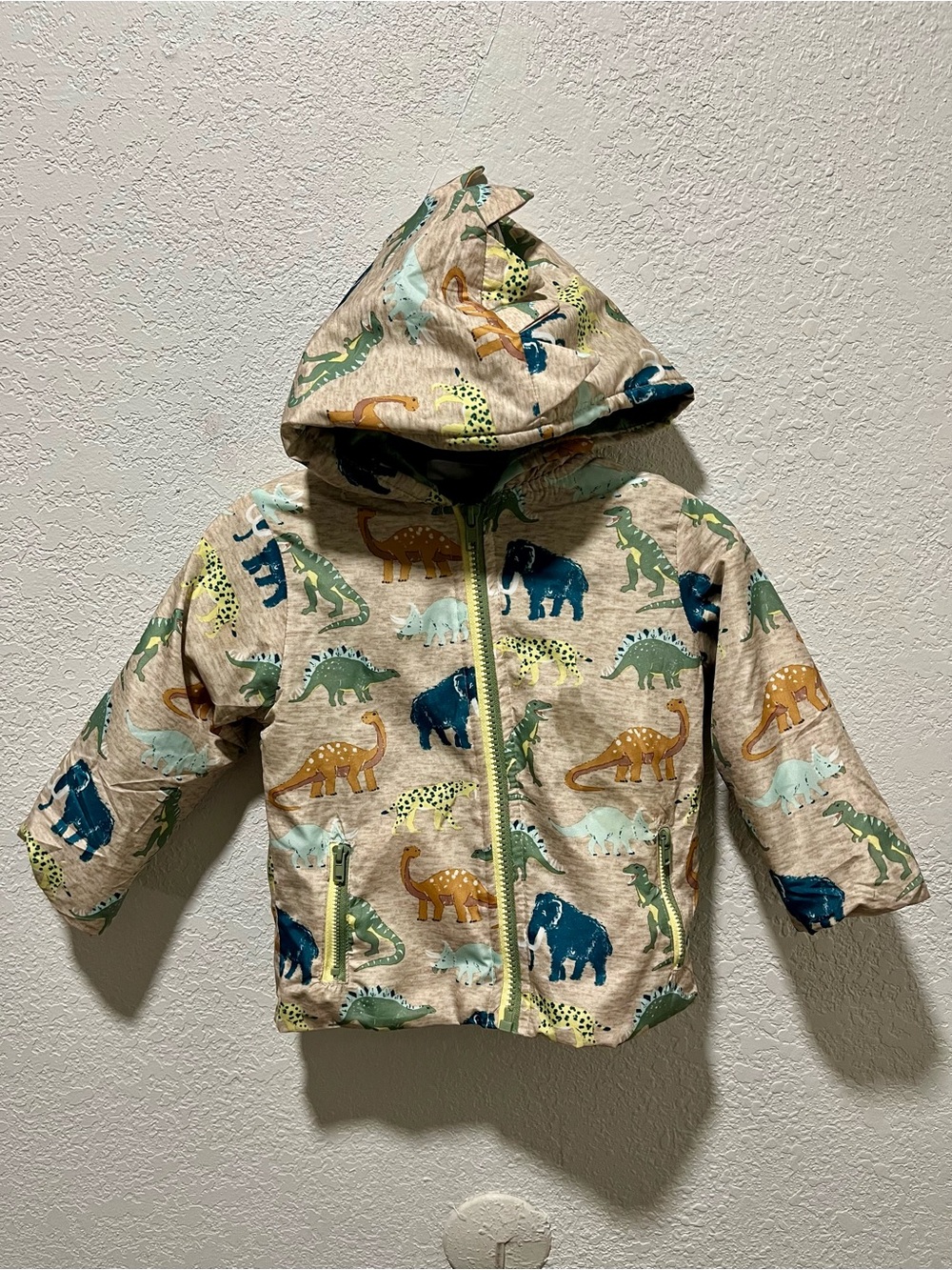 Mick Mack Tan Jacket with Green Plush Lining and Multicolor Dino Print